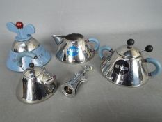 Michael Graves for Alessi - A cream jug and lidded sugar bowl with a miniature kettle,