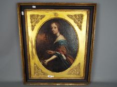 A framed oil on canvas portrait depicting a lady in period dress wearing a blue shawl over a red