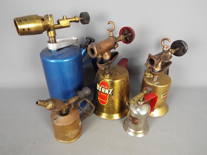 Five vintage blow lamps to include Merit, Otto Bernz, Turner Brass Works and similar.