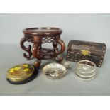Lot to include a carved Chinese stand, wooden trinket box, silver ashtray (hallmarks unclear),