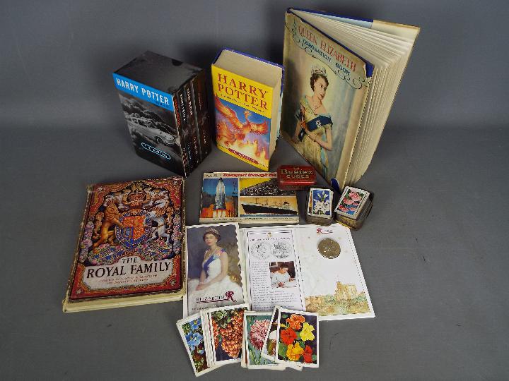 Lot to include Harry Potter books, cigarette and tea cards, Royal ephemera and other.