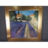 A large, framed oil on board, titled verso 'Lavender Fields', signed lower right by the artist,