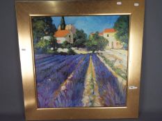 A large, framed oil on board, titled verso 'Lavender Fields', signed lower right by the artist,