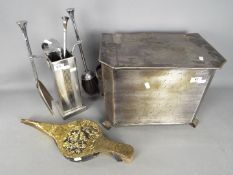 A vintage fireside box, companion set and bellows.