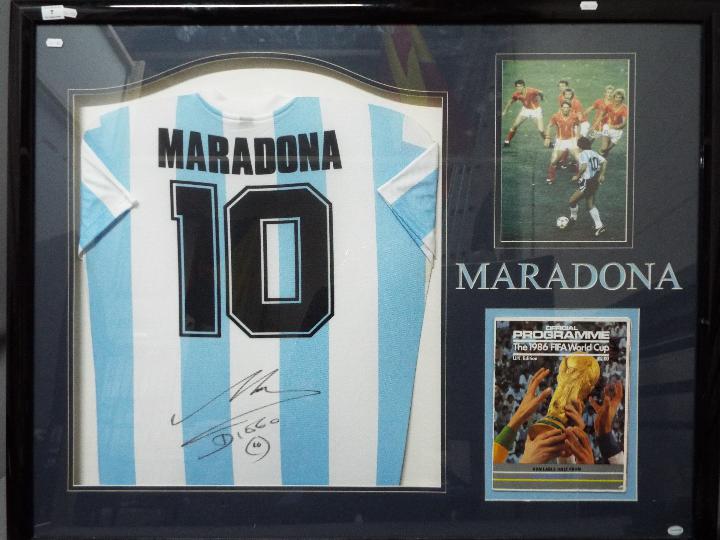 Diego Maradona (1960 - 2020) - A framed sporting montage comprising an Argentina 1986 replica shirt