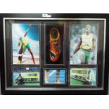 Usain Bolt - A framed sporting montage comprising a Puma running shoe / spike bearing original