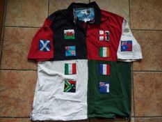 Rugby Union - a quartered shirt by 'Cotton Traders' bearing ten patch badges depicting national