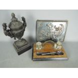 Lot to include a desk tidy with two glass inkwells, a Samtico Art Metal Work blotter pad,