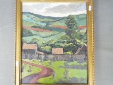 A framed oil on panel depicting a landscape scene, marked lower right CWB,