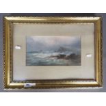 A small scale oil seascape with crashing waves and a small boat in the distance,