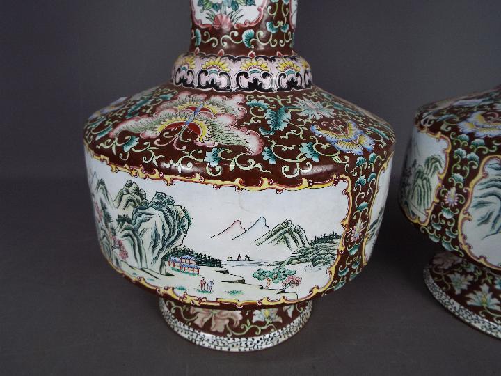 A large pair of Chinese enamel vases decorated to the body with panels of landscape scenes, - Image 2 of 5