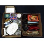 A mixed lot to include ceramics, glassware, horse brasses, handbags and similar, two boxes.