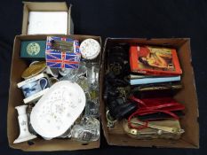 A mixed lot to include ceramics, glassware, horse brasses, handbags and similar, two boxes.