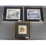 Three framed pictures including a small watercolour depicting a mouse eating berries,