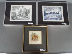 Three framed pictures including a small watercolour depicting a mouse eating berries,