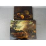 Two unframed oils on panel comprising a still life of fruit and a landscape scene,