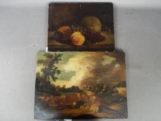 Two unframed oils on panel comprising a still life of fruit and a landscape scene,