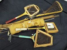 Vintage Sporting Equipment - Lot to include a vintage lacrosse stick, tennis and squash rackets,