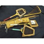 Vintage Sporting Equipment - Lot to include a vintage lacrosse stick, tennis and squash rackets,