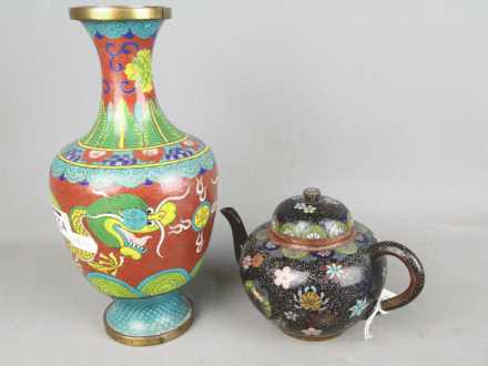 A cloisonné vase with depiction of a dragon chasing the flaming pearl and a cloisonné teapot with