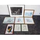 A collection of various prints including 'The Farmer's Stable' after George Morland and a mirror,