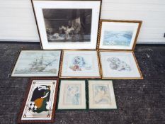 A collection of various prints including 'The Farmer's Stable' after George Morland and a mirror,