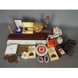 A mixed lot to include Danish slide rule, mineral samples, preserved puffer fish,