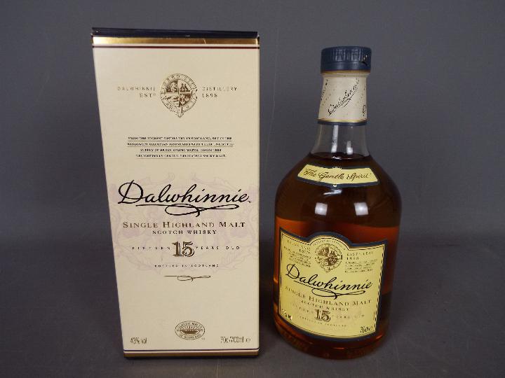 A bottle of Dalwhinnie 15 Year Old single malt whisky, 43% ABV, 70cl, contained in carton.