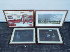 Four framed pictures including two prints after David Player depicting vintage motor cars,