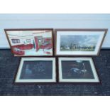 Four framed pictures including two prints after David Player depicting vintage motor cars,