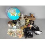 Mixed lot of collectables to include vintage powder compacts, terrestrial globe, Norwegian pewter,