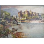 A small oil painting depicting a castle beside a river, signed lower left by the artist J Tinkler,