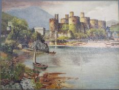 A small oil painting depicting a castle beside a river, signed lower left by the artist J Tinkler,