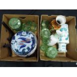 A collection of uranium glass and Japanese ceramics comprising vases and plates.