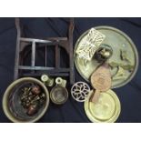 A collection of metalware to include a Benares brass top folding table.