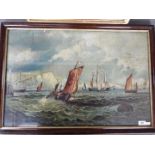 A framed oil depicting a seascape with sailing boats,