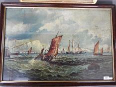 A framed oil depicting a seascape with sailing boats,