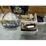 Lot to include hand tools, a Sears Craftsman router crafter (boxed), lighting and similar.