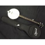 An Ozark 5 string banjo in case.