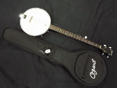 An Ozark 5 string banjo in case.