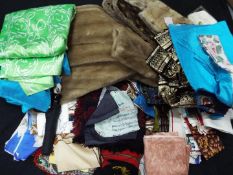 A collection of lady's vintage clothing, fur coat by Tissavel, silk scarves, tea towels,