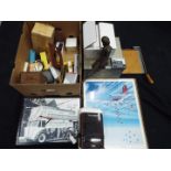 A mixed lot to include camera equipment, set of 'Double 12' dominoes, print, clocks,