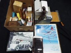 A mixed lot to include camera equipment, set of 'Double 12' dominoes, print, clocks,