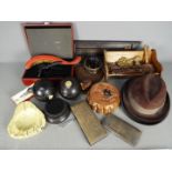 A mixed lot of collectables to include treen, vintage hats, jelly mould, plated cigarette case,