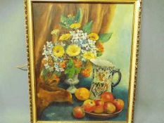 A framed still life oil on board, titled