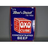 A vintage enamel sign for Oxo Beef Cubes, approximately 51 cm x 36 cm.