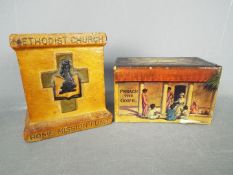Two vintage charity collection boxes comprising Methodist Missionary Society and Methodist Church