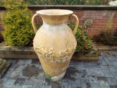 Garden decor - a large metallic twin-handled urn,