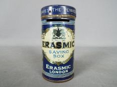 Advertising - A vintage Erasmic Shaving Stick tin / money box,