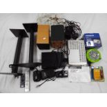 Lot to include cameras, Denon CD receiver and speakers, with stands,